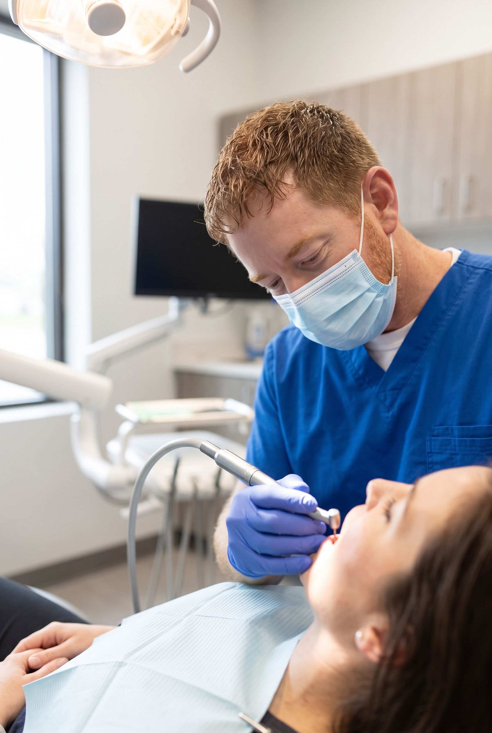 Dr. Colin Palmquist wearing scrubs, mask, and gloves working with a dental patient at Dream Dental Sedation in Watertown, SD