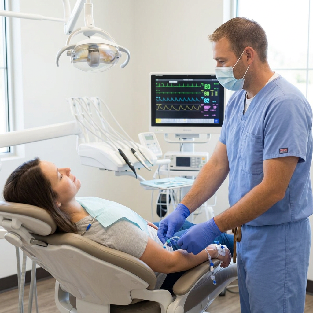 Michael Bevers, CRNA, monitoring a sedated patient during full mouth restoration surgery in Watertown, SD
