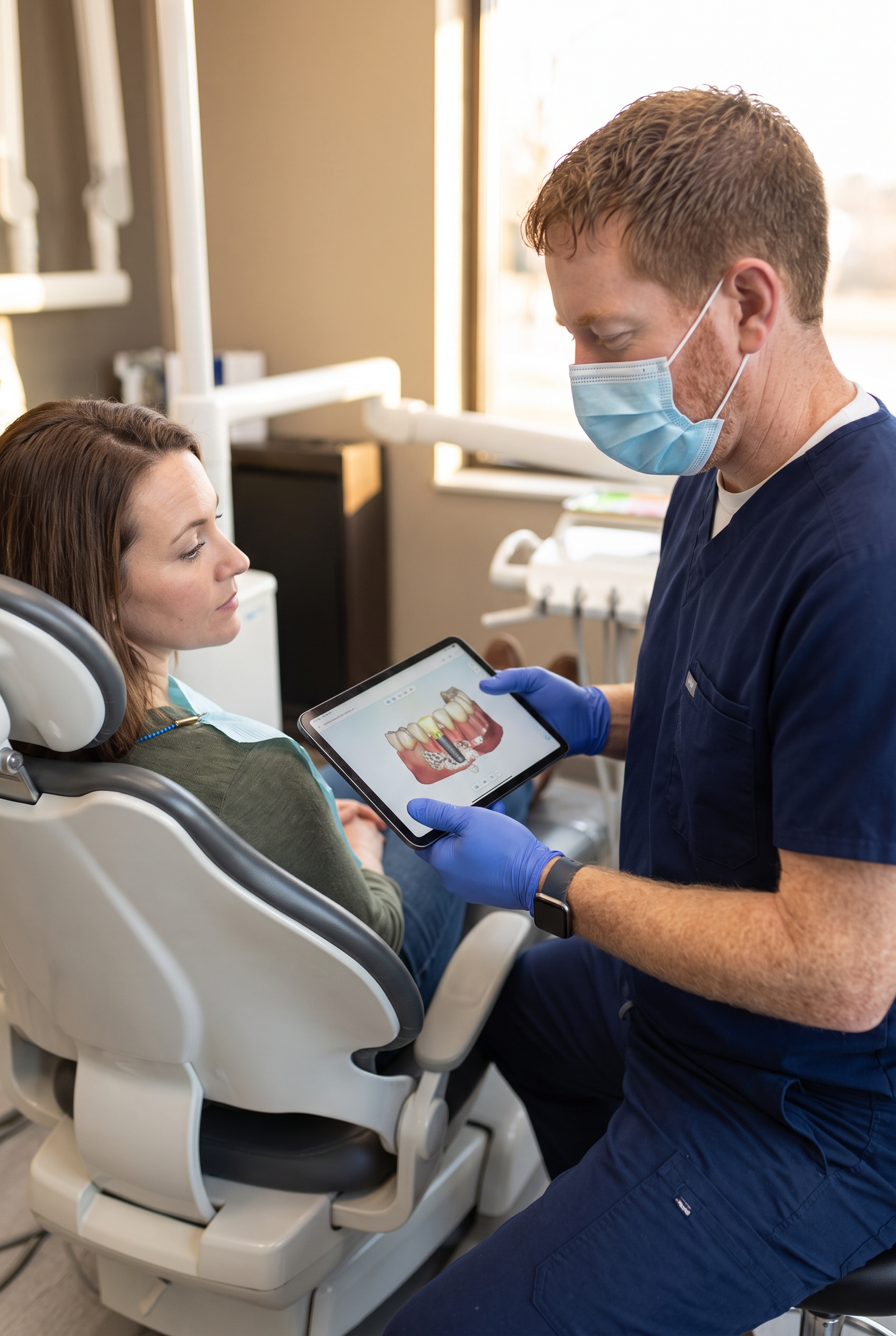 Dr. Colin Palmquist explaining a 3D dental implant treatment plan to a patient at Dream Dental Sedation in Watertown, SD