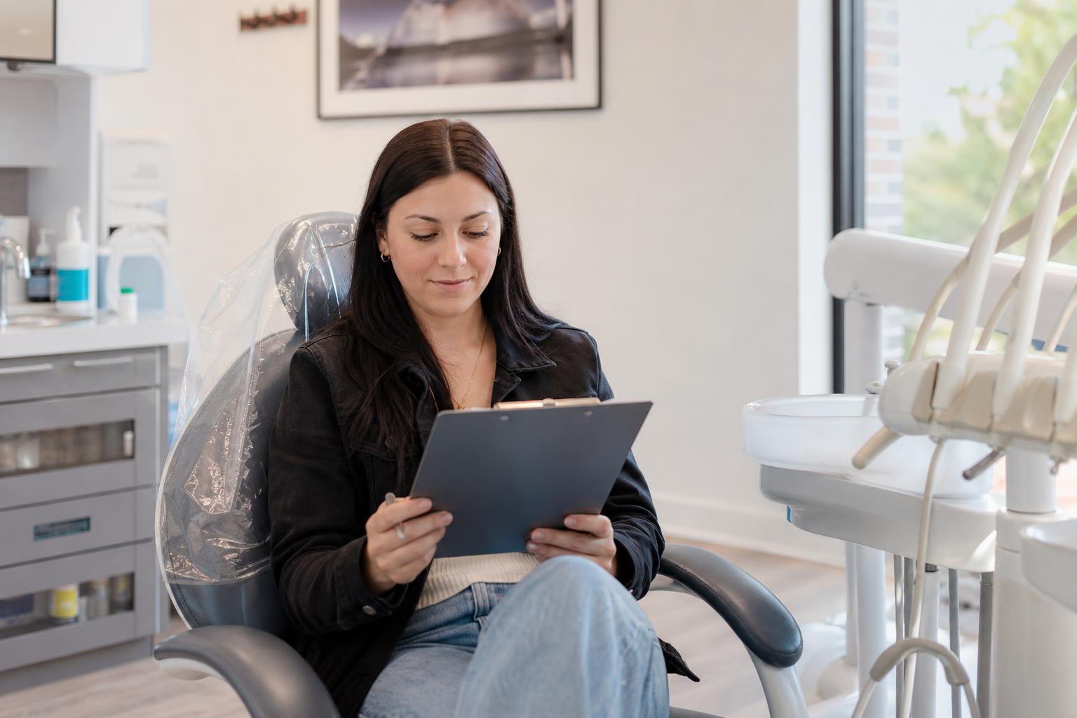 A calm patient reviewing pre-visit paperwork in the dental chair before a sedation appointment at Dream Dental Sedation in Watertown, SD