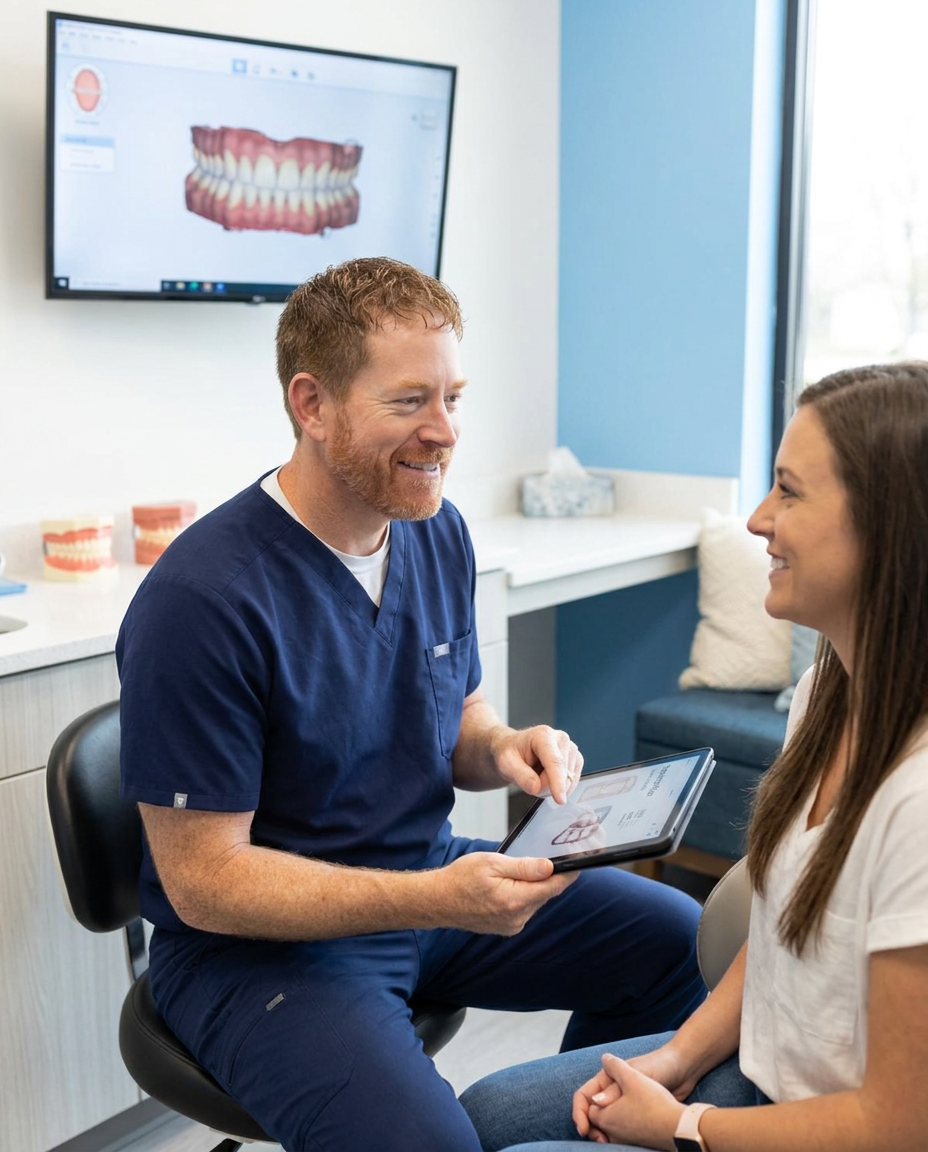 Dr. Colin Palmquist reviewing a dental surgery treatment plan with a patient in Watertown, SD