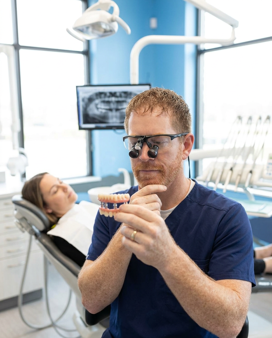 Dr. Colin Palmquist inspecting a full-arch implant prosthesis during a full mouth restoration in Watertown, SD