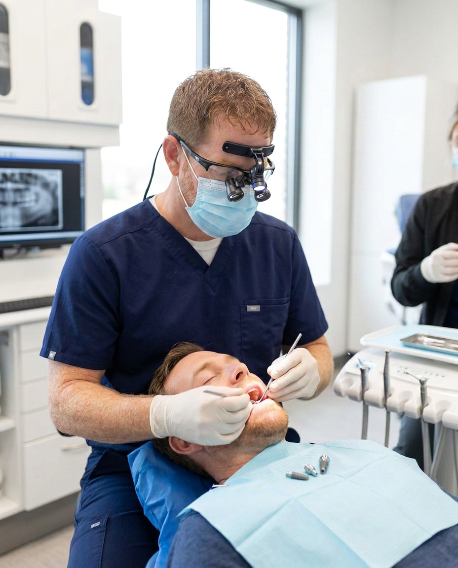 Dr. Colin Palmquist placing a dental implant for a sedated patient in Watertown, SD