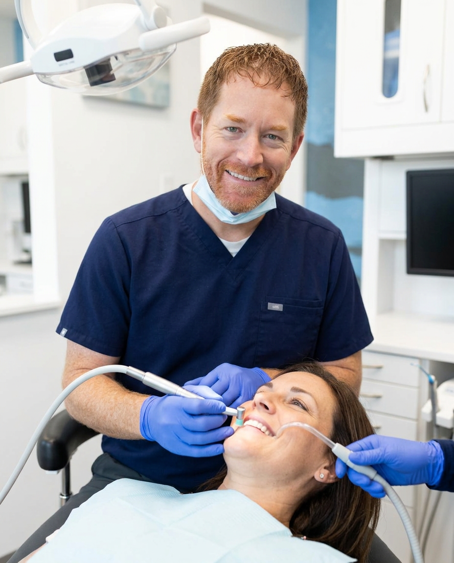 Dr. Colin Palmquist completing a routine filling for a comfortable patient in Watertown, SD