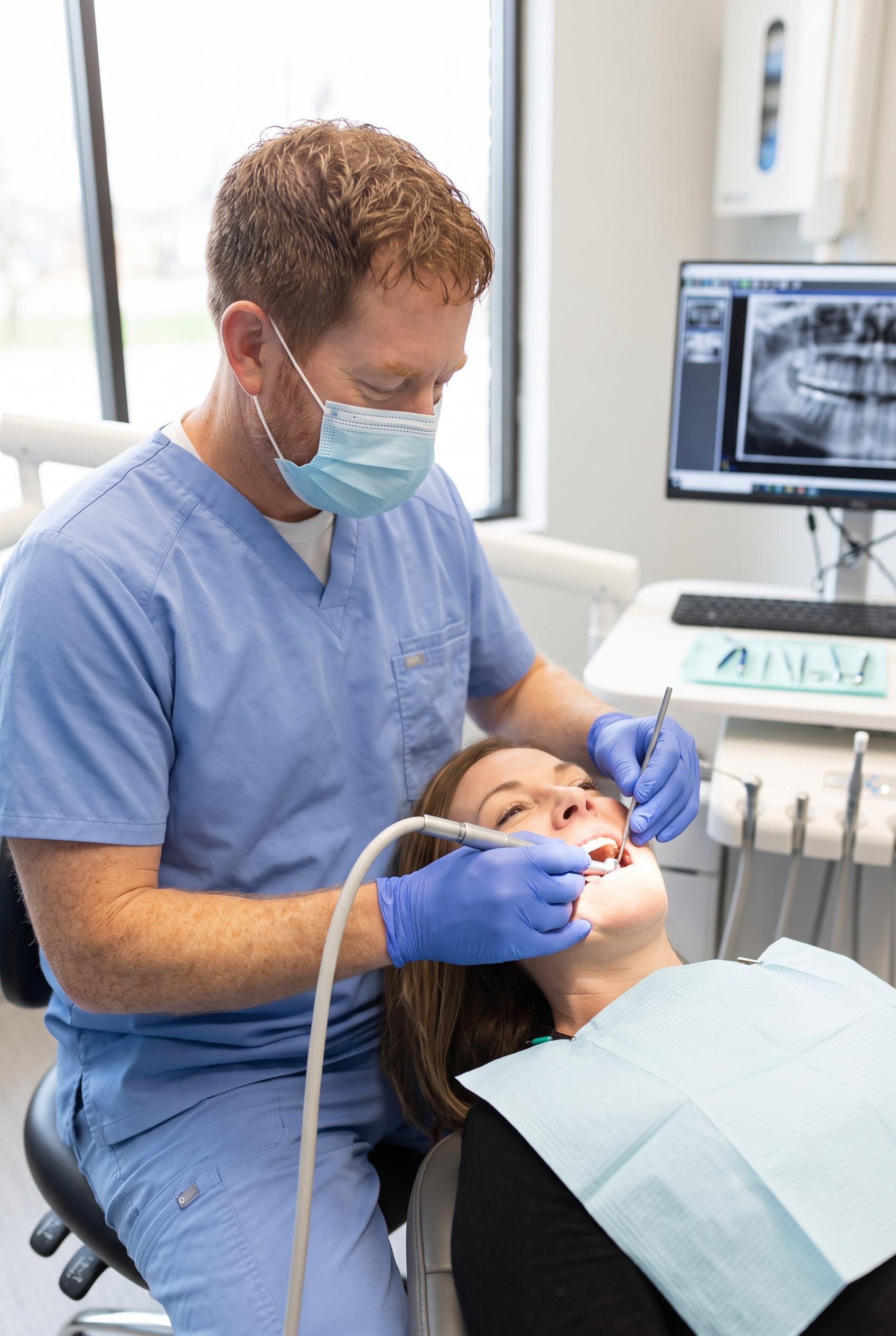 Dr. Colin Palmquist performing routine dental work on a patient in Watertown, SD