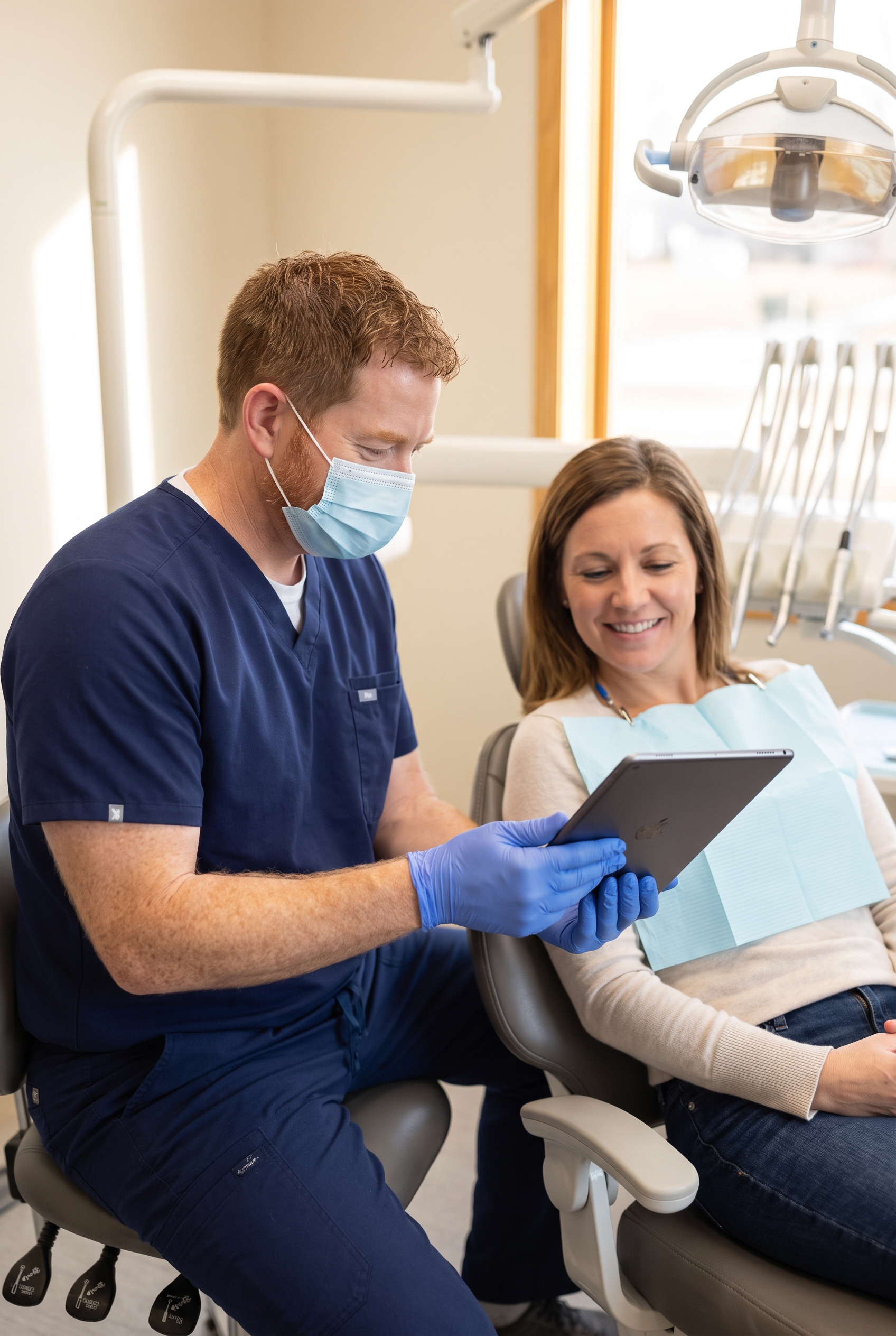 Dr. Colin Palmquist reviewing a post-treatment care plan with a patient at Dream Dental Sedation in Watertown, SD